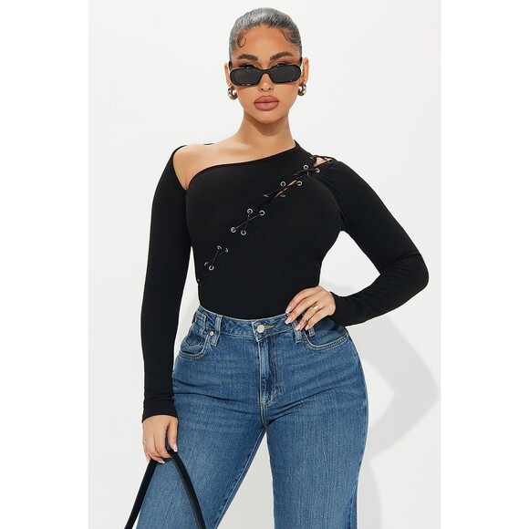 Fashion Nova Ava Asymmetrical Lace Up Top NEW Women's L  Goth Emo Grunge Punk - Picture 2 of 11